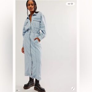 NEW Free People Sundown Utility Zip Front Light Blue Midi Maxi Denim Dress L